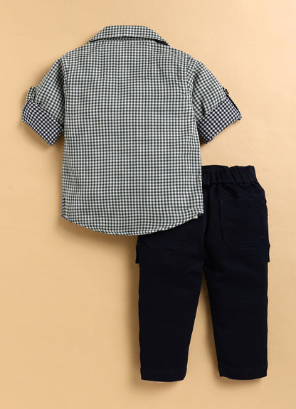 Pure Cotton Woven Double Cloth Full Sleeves Checks Shirt Pant with Tshirt Casual Set- Green