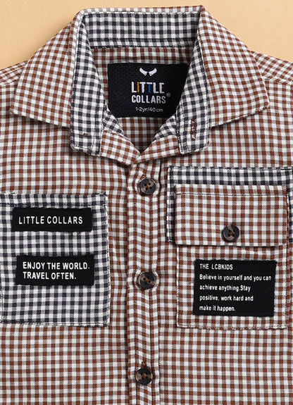 Pure Cotton Woven Double Cloth Full Sleeves Checks Shirt Pant with Tshirt Casual Set- Coffee