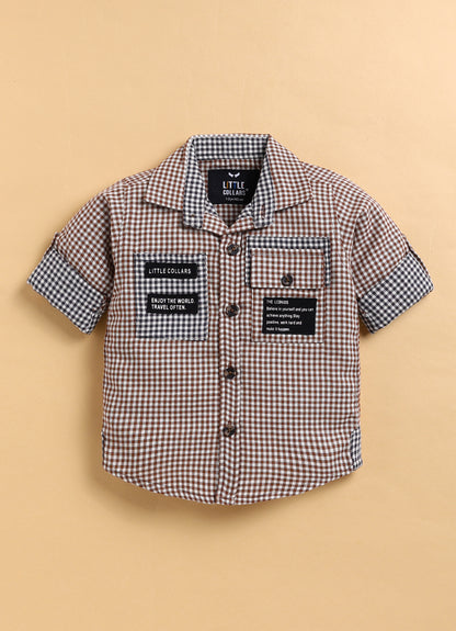Pure Cotton Woven Double Cloth Full Sleeves Checks Shirt Pant with Tshirt Casual Set- Coffee
