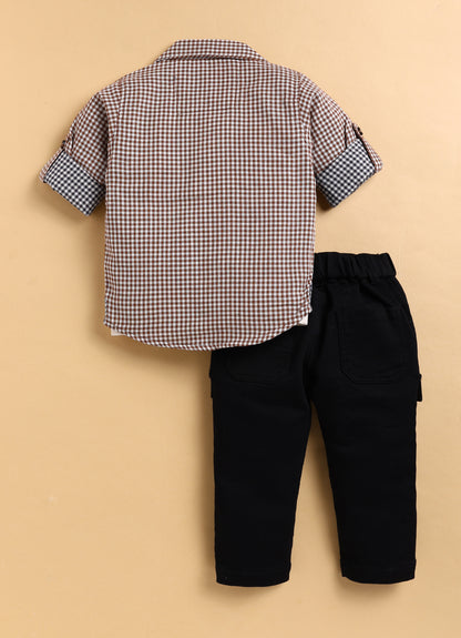 Pure Cotton Woven Double Cloth Full Sleeves Checks Shirt Pant with Tshirt Casual Set- Coffee