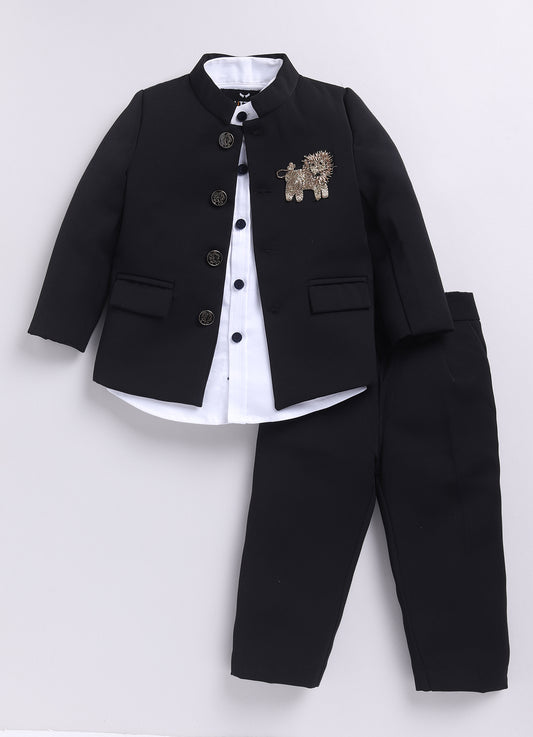  Terry Full Sleeves Lion Embroidered 3 Piece Party Suit Set- Black