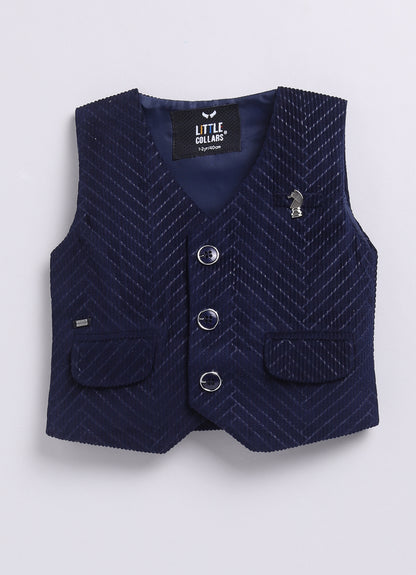 Boys Elegant Velvet Suede Patterened Partywear Jacket Set- Navy
