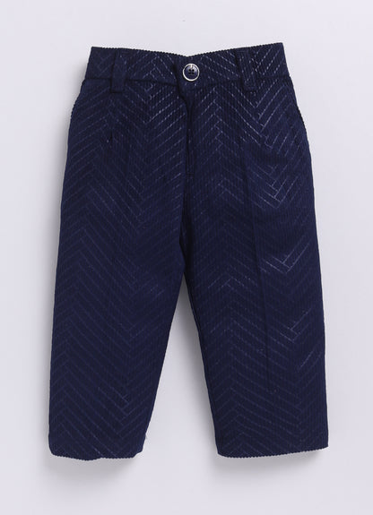 Boys Elegant Velvet Suede Patterened Partywear Jacket Set- Navy