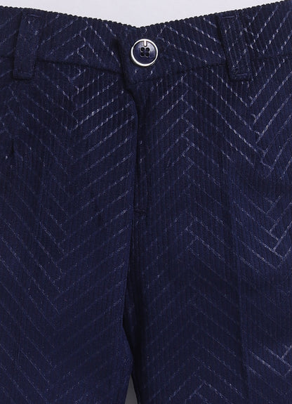 Boys Elegant Velvet Suede Patterened Partywear Jacket Set- Navy