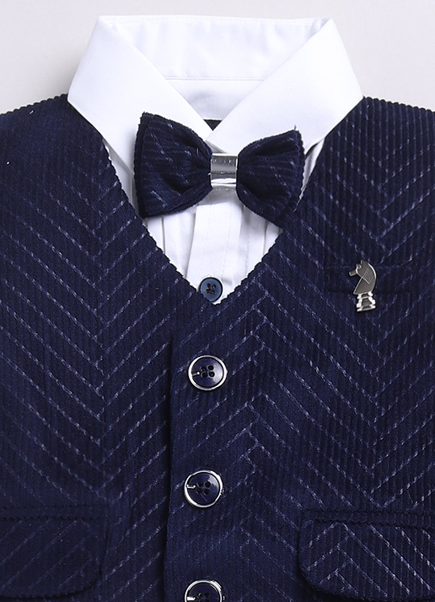 Boys Elegant Velvet Suede Patterened Partywear Jacket Set- Navy