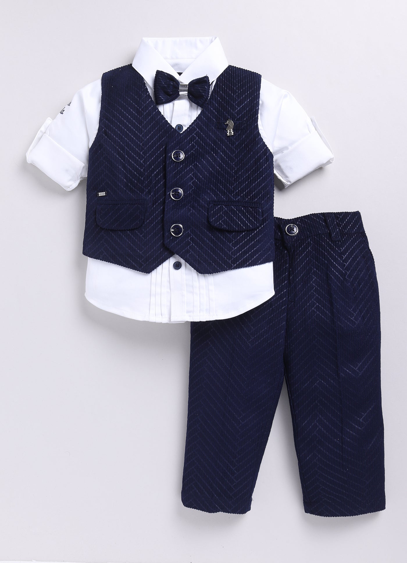 Boys Elegant Velvet Suede Patterened Partywear Jacket Set- Navy