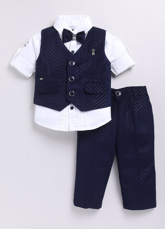 Boys Elegant Velvet Suede Patterened Partywear Jacket Set- Navy