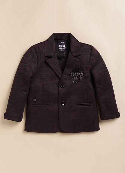 Blended Jaquard Woven Full Sleeves Coat Pant with Tuxedo Shirt, Bow and Brooch Pin Formal Coat Set- Maroon