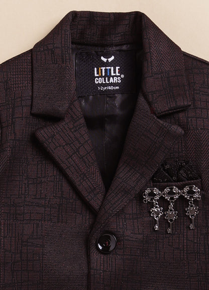 Blended Jaquard Woven Full Sleeves Coat Pant with Tuxedo Shirt, Bow and Brooch Pin Formal Coat Set- Maroon