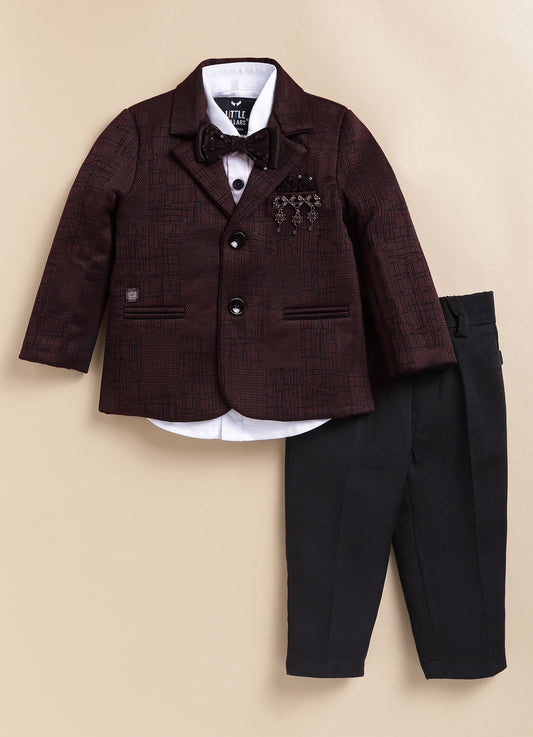 Blended Jaquard Woven Full Sleeves Coat Pant with Tuxedo Shirt, Bow and Brooch Pin Formal Coat Set- Maroon