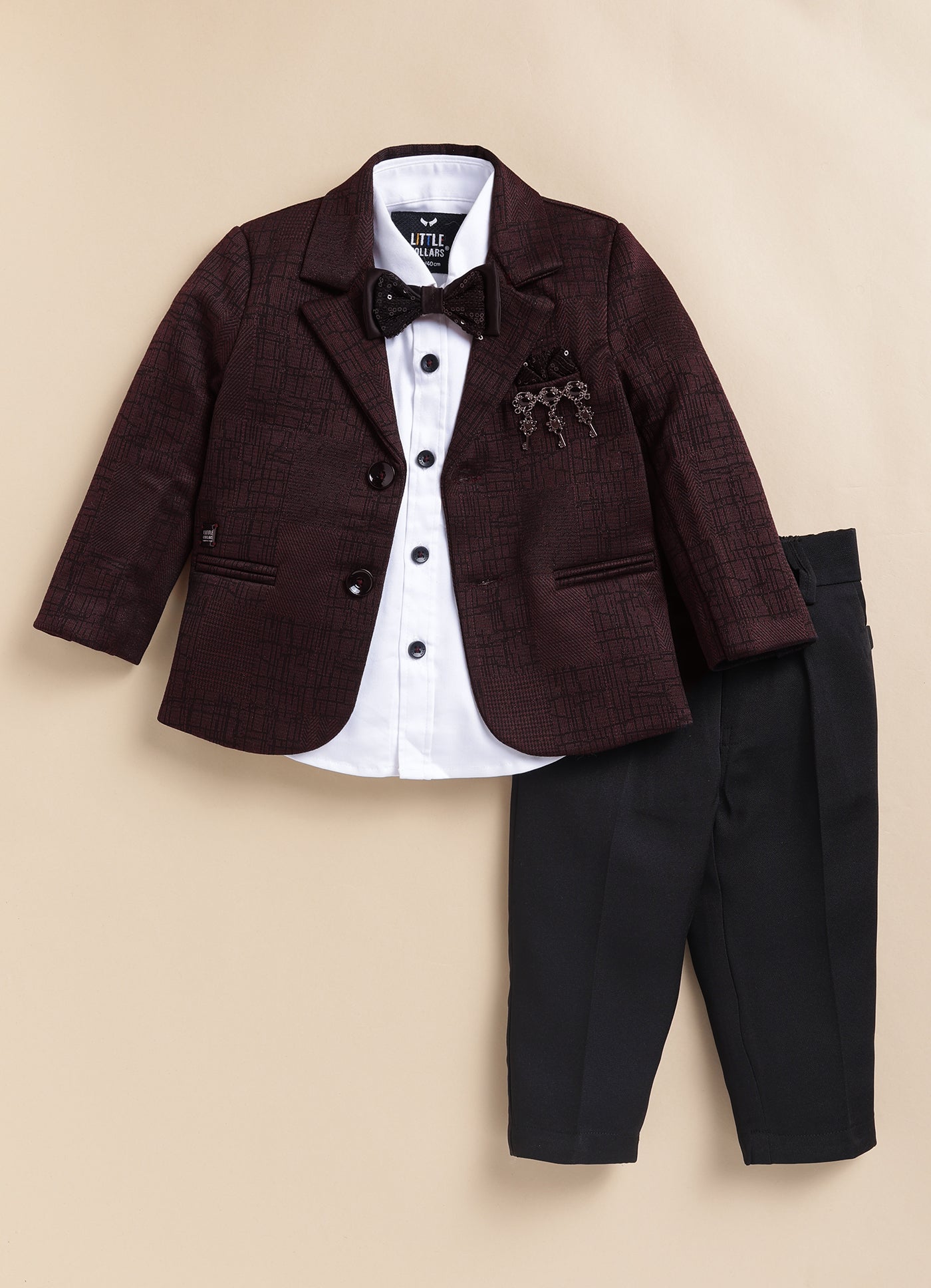 Blended Jaquard Woven Full Sleeves Coat Pant with Tuxedo Shirt, Bow and Brooch Pin Formal Coat Set- Maroon