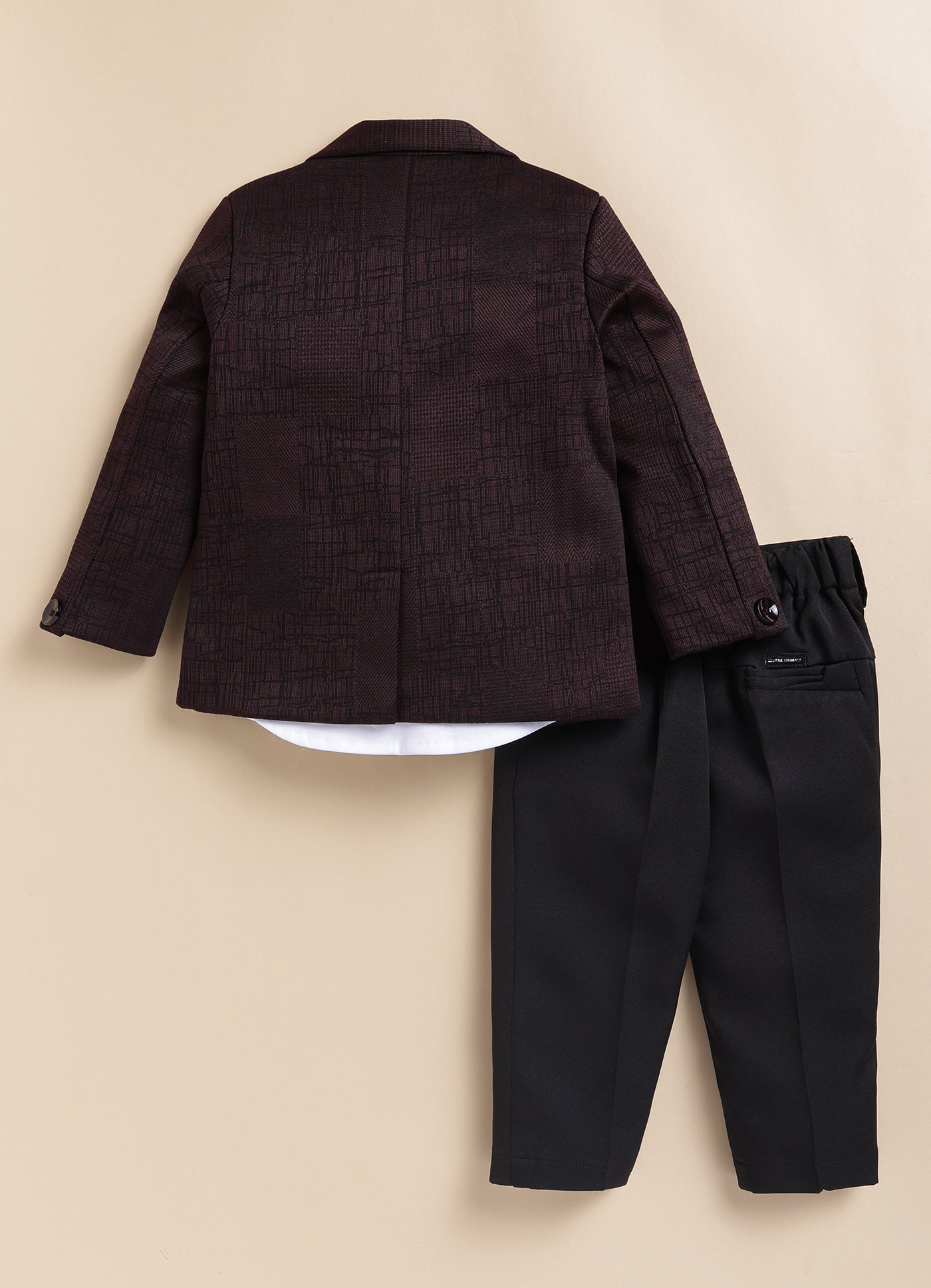 Blended Jaquard Woven Full Sleeves Coat Pant with Tuxedo Shirt, Bow and Brooch Pin Formal Coat Set- Maroon
