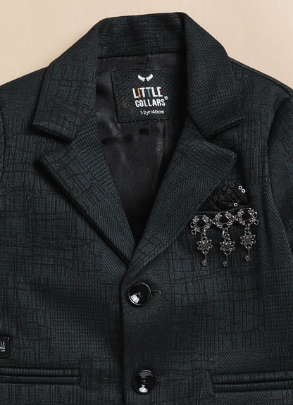 Blended Jaquard Woven Full Sleeves Coat Pant with Tuxedo Shirt, Bow and Brooch Pin Formal Coat Set- Olive