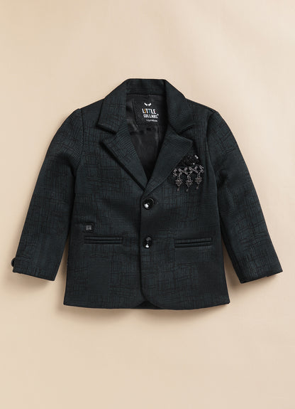 Blended Jaquard Woven Full Sleeves Coat Pant with Tuxedo Shirt, Bow and Brooch Pin Formal Coat Set- Olive