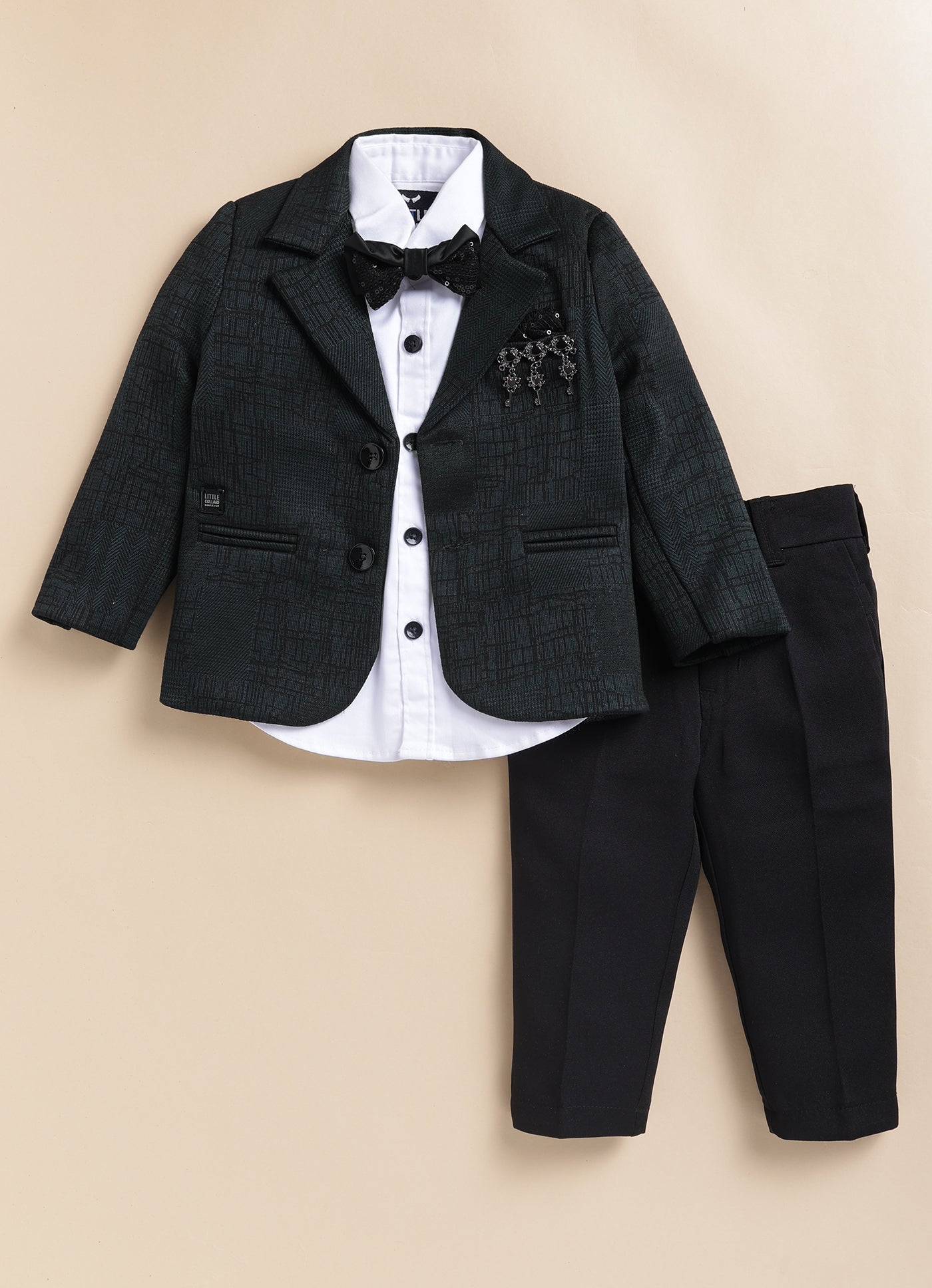 Blended Jaquard Woven Full Sleeves Coat Pant with Tuxedo Shirt, Bow and Brooch Pin Formal Coat Set- Olive
