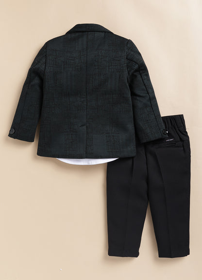 Blended Jaquard Woven Full Sleeves Coat Pant with Tuxedo Shirt, Bow and Brooch Pin Formal Coat Set- Olive