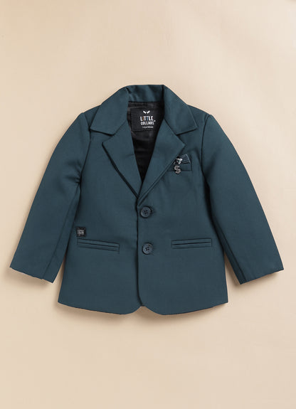 Blended Terry Woven Full Sleeves Solid Coat Pant with Printed Shirt, Bow and Brooch Pin Formal Coat Co-ord Set- P. blue