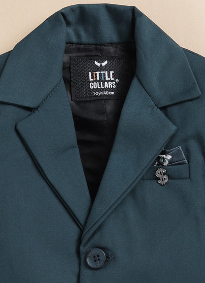 Blended Terry Woven Full Sleeves Solid Coat Pant with Printed Shirt, Bow and Brooch Pin Formal Coat Co-ord Set- P. blue
