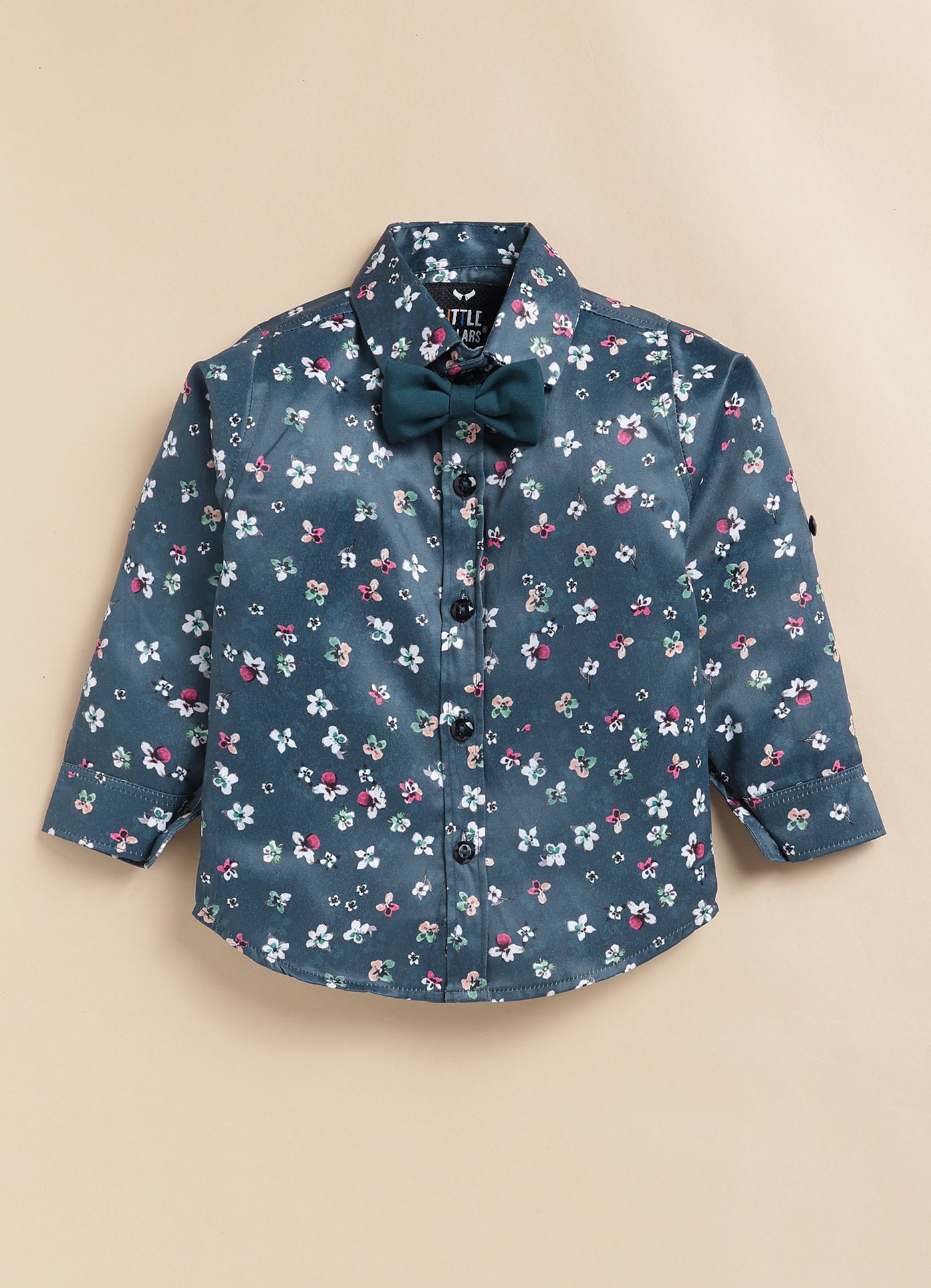 Blended Terry Woven Full Sleeves Solid Coat Pant with Printed Shirt, Bow and Brooch Pin Formal Coat Co-ord Set- P. blue