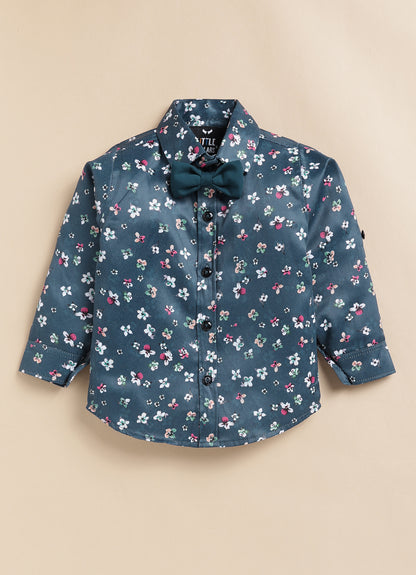 Blended Terry Woven Full Sleeves Solid Coat Pant with Printed Shirt, Bow and Brooch Pin Formal Coat Co-ord Set- P. blue