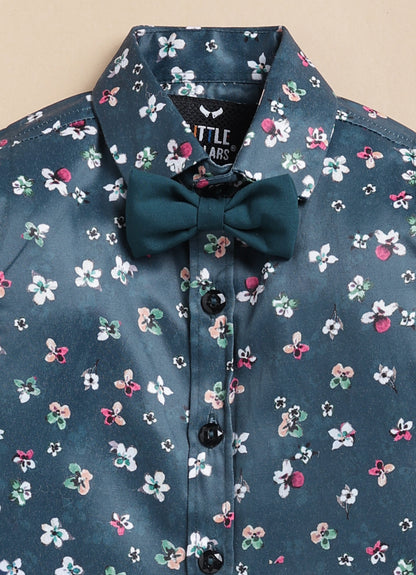 Blended Terry Woven Full Sleeves Solid Coat Pant with Printed Shirt, Bow and Brooch Pin Formal Coat Co-ord Set- P. blue