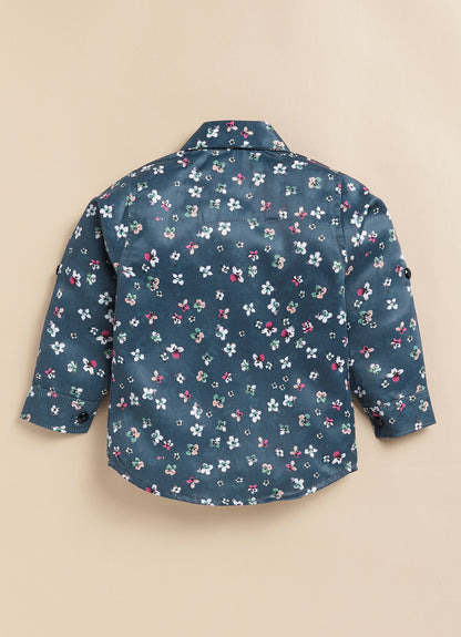 Blended Terry Woven Full Sleeves Solid Coat Pant with Printed Shirt, Bow and Brooch Pin Formal Coat Co-ord Set- P. blue