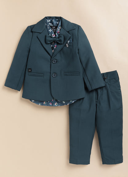 Blended Terry Woven Full Sleeves Solid Coat Pant with Printed Shirt, Bow and Brooch Pin Formal Coat Co-ord Set- P. blue