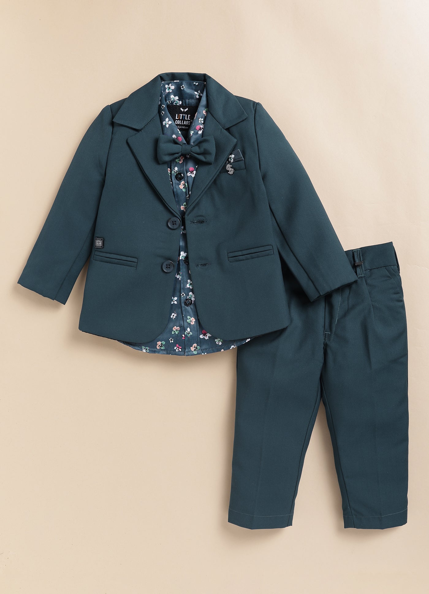 Blended Terry Woven Full Sleeves Solid Coat Pant with Printed Shirt, Bow and Brooch Pin Formal Coat Co-ord Set- P. blue