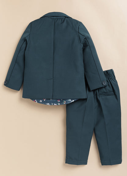 Blended Terry Woven Full Sleeves Solid Coat Pant with Printed Shirt, Bow and Brooch Pin Formal Coat Co-ord Set- P. blue