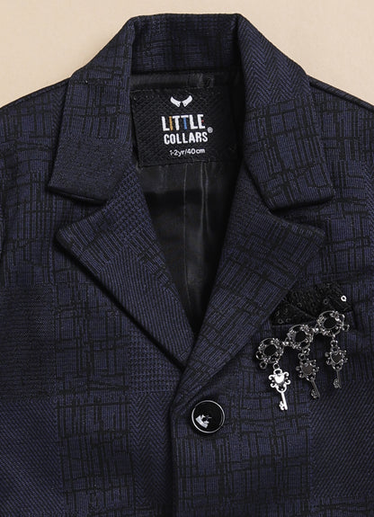 Blended Jaquard Woven Full Sleeves Coat Pant with Tuxedo Shirt, Bow and Brooch Pin Formal Coat Set- Blue