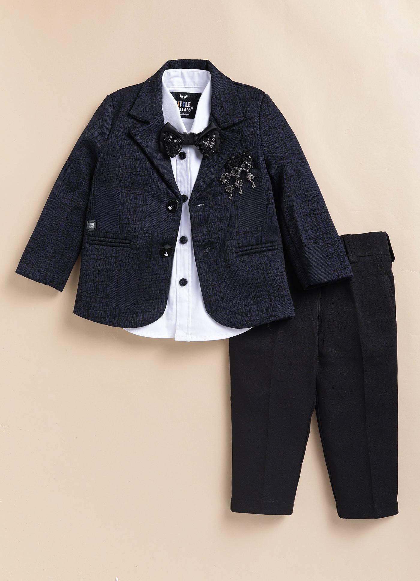 Blended Jaquard Woven Full Sleeves Coat Pant with Tuxedo Shirt, Bow and Brooch Pin Formal Coat Set- Blue