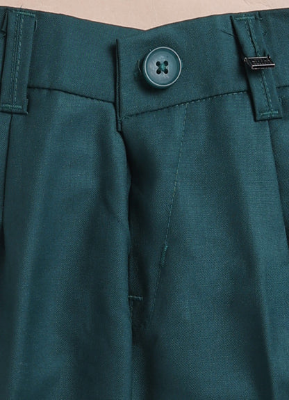 Blended Terry Woven Full Sleeves Solid Coat Pant with Printed Shirt, Bow and Brooch Pin Formal Coat Co-ord Set- Green