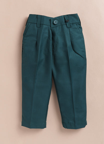 Blended Terry Woven Full Sleeves Solid Coat Pant with Printed Shirt, Bow and Brooch Pin Formal Coat Co-ord Set- Green