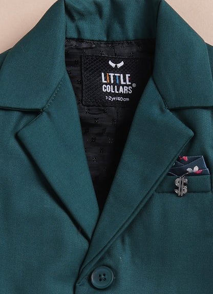 Blended Terry Woven Full Sleeves Solid Coat Pant with Printed Shirt, Bow and Brooch Pin Formal Coat Co-ord Set- Green