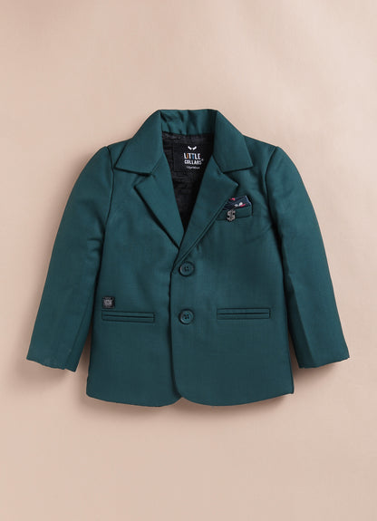 Blended Terry Woven Full Sleeves Solid Coat Pant with Printed Shirt, Bow and Brooch Pin Formal Coat Co-ord Set- Green