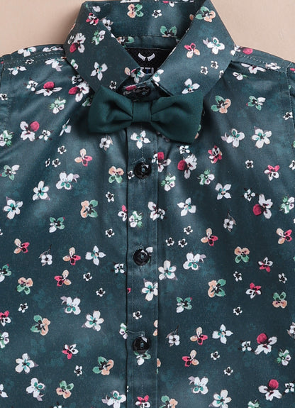 Blended Terry Woven Full Sleeves Solid Coat Pant with Printed Shirt, Bow and Brooch Pin Formal Coat Co-ord Set- Green