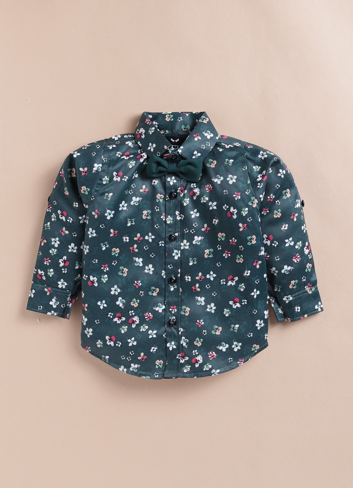 Blended Terry Woven Full Sleeves Solid Coat Pant with Printed Shirt, Bow and Brooch Pin Formal Coat Co-ord Set- Green