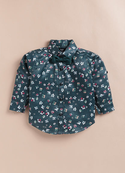 Blended Terry Woven Full Sleeves Solid Coat Pant with Printed Shirt, Bow and Brooch Pin Formal Coat Co-ord Set- Green