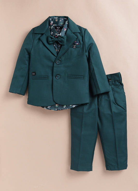 Blended Terry Woven Full Sleeves Solid Coat Pant with Printed Shirt, Bow and Brooch Pin Formal Coat Co-ord Set- Green