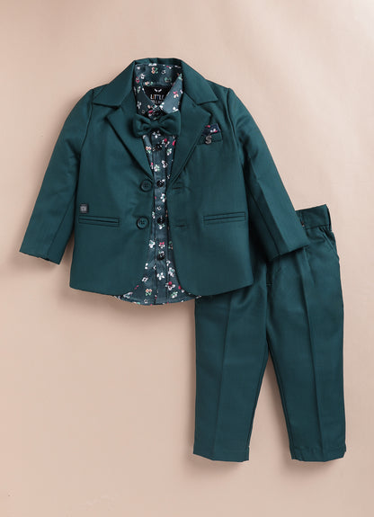 Blended Terry Woven Full Sleeves Solid Coat Pant with Printed Shirt, Bow and Brooch Pin Formal Coat Co-ord Set- Green