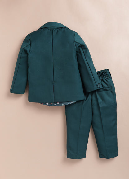 Blended Terry Woven Full Sleeves Solid Coat Pant with Printed Shirt, Bow and Brooch Pin Formal Coat Co-ord Set- Green