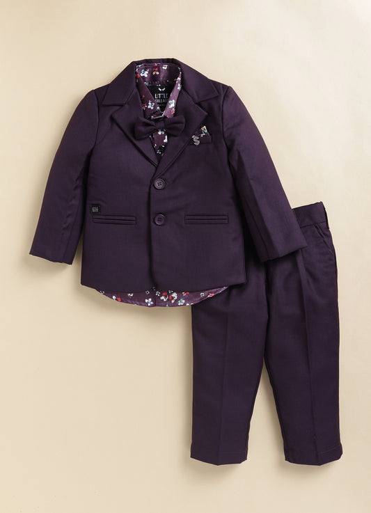 Blended Terry Woven Full Sleeves Solid Coat Pant with Printed Shirt, Bow and Brooch Pin Formal Coat Co-ord Set- Wine