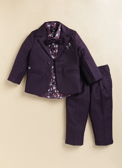 Blended Terry Woven Full Sleeves Solid Coat Pant with Printed Shirt, Bow and Brooch Pin Formal Coat Co-ord Set- Wine