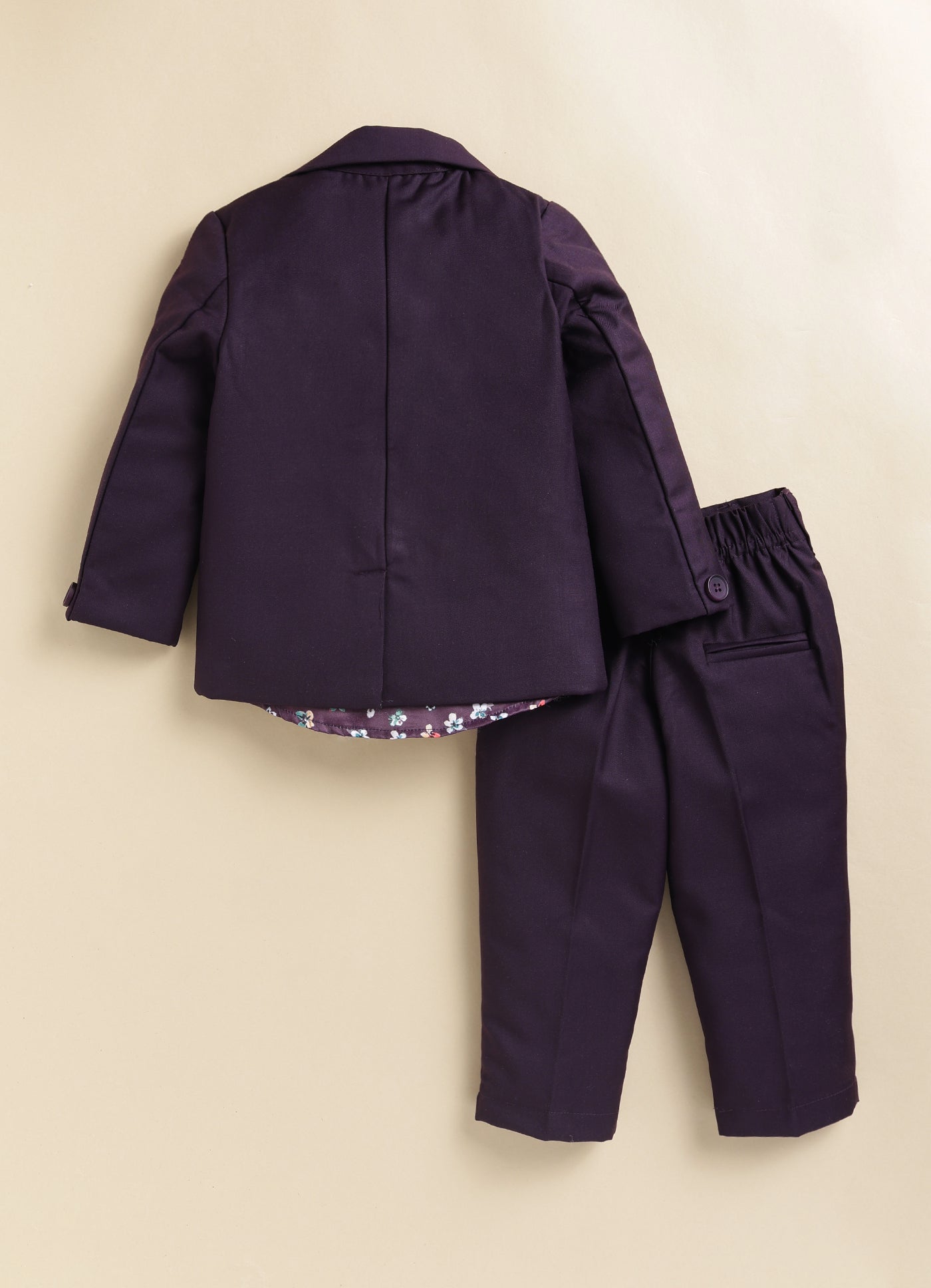 Blended Terry Woven Full Sleeves Solid Coat Pant with Printed Shirt, Bow and Brooch Pin Formal Coat Co-ord Set- Wine