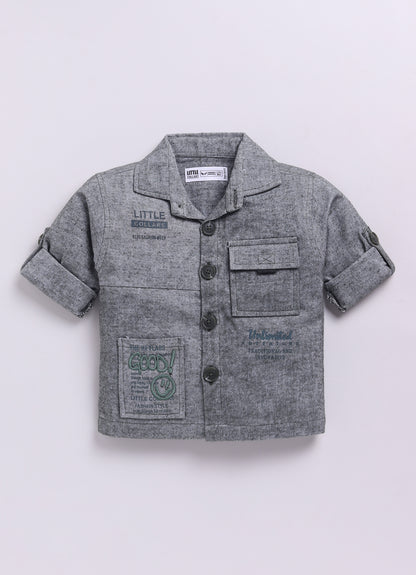 Cotton Woven Full Sleeves Solid Shacket Shirt Pant with Printed T-shirt Casual Set-Olive