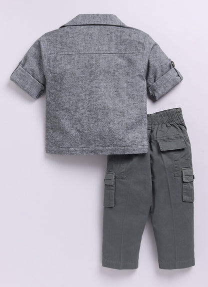 Cotton Woven Full Sleeves Solid Shacket Shirt Pant with Printed T-shirt Casual Set-Olive
