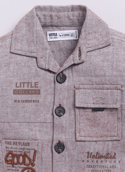 Cotton Woven Full Sleeves Solid Shacket Shirt Pant with Printed T-shirt Casual Set-Coffee