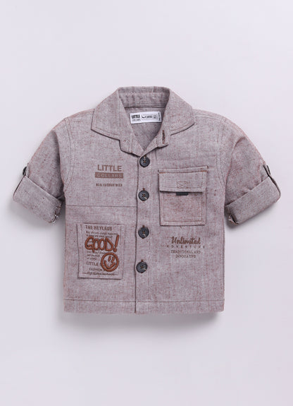 Cotton Woven Full Sleeves Solid Shacket Shirt Pant with Printed T-shirt Casual Set-Coffee