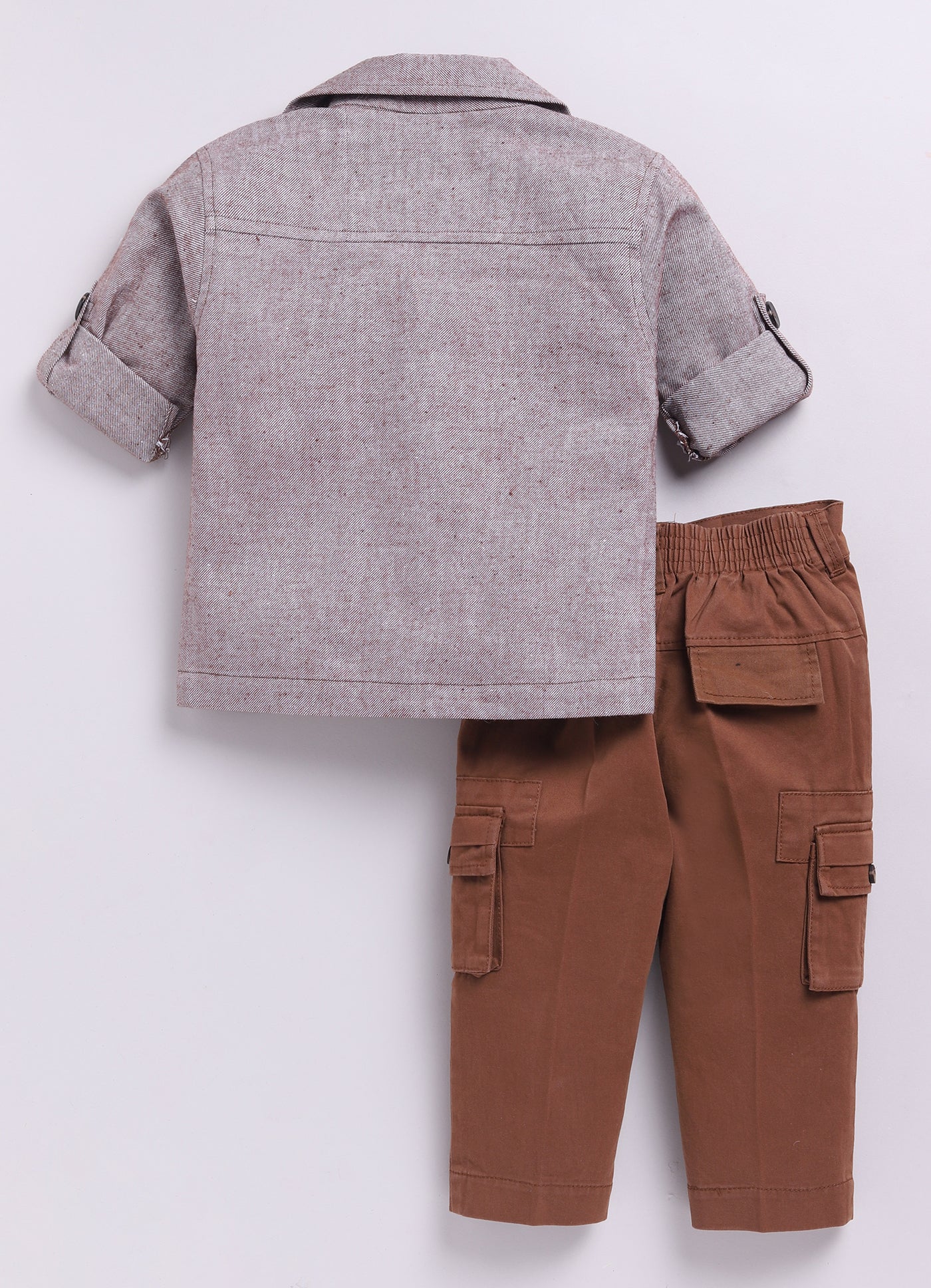 Cotton Woven Full Sleeves Solid Shacket Shirt Pant with Printed T-shirt Casual Set-Coffee