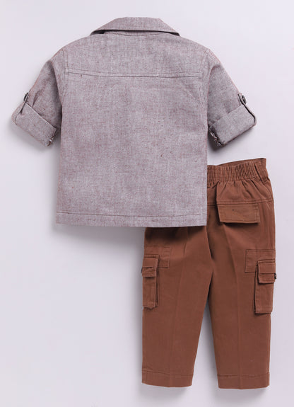 Cotton Woven Full Sleeves Solid Shacket Shirt Pant with Printed T-shirt Casual Set-Coffee